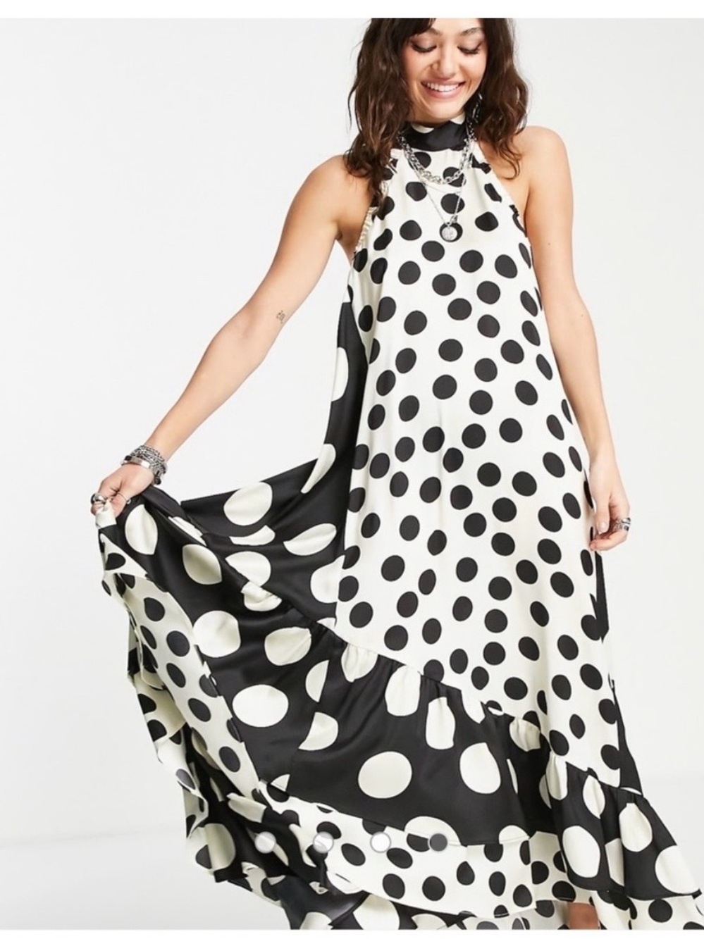 Black & White Polka Dot Halter Maxi Dress